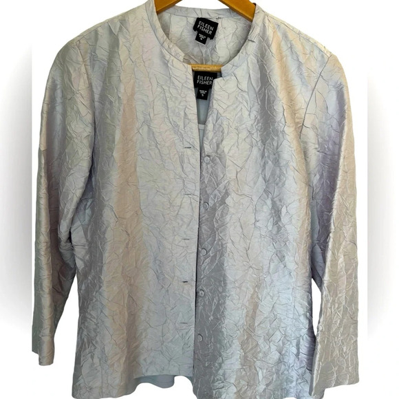 Eileen Fisher Crinkle Texture 100% Silk Button Jacket & Tank Top Set Silver Sz S - Picture 1 of 13